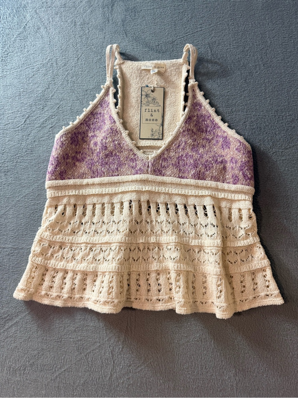 flint & moss - Purple and Cream Crochet-Tiered Camisole
